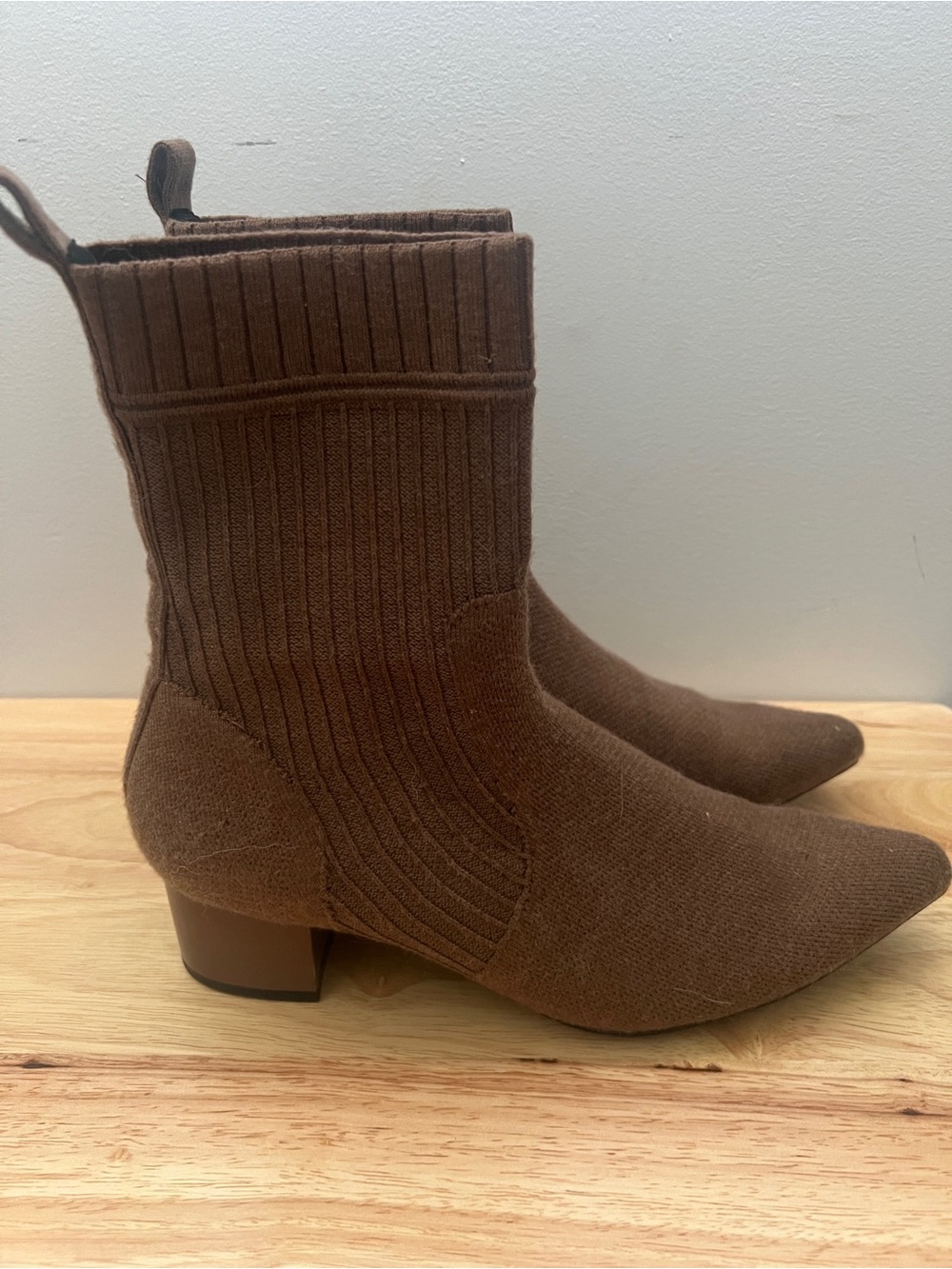 Ribbed Knit Pointed-Toe Sock Booties in Brown